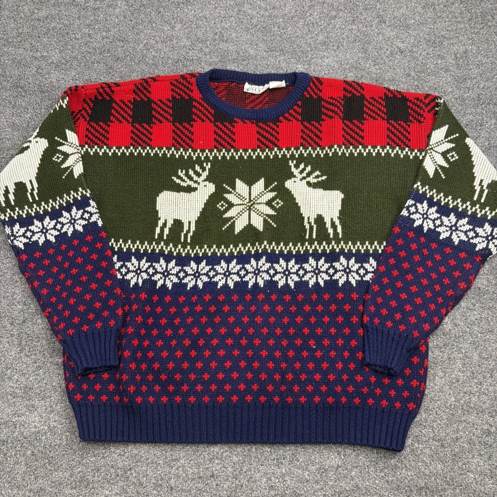 Vintage Falls Creek Ugly Christmas Sweater Mens L Fair Isle Reindeer Plaid